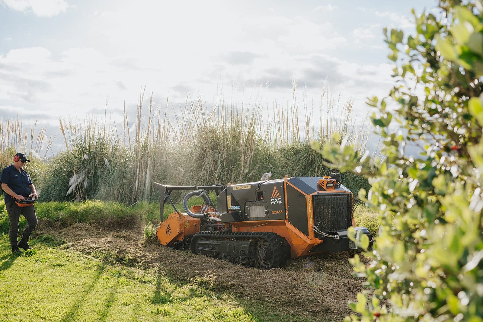 The FAE RCU 55 mulching dense pampas on a coastal block