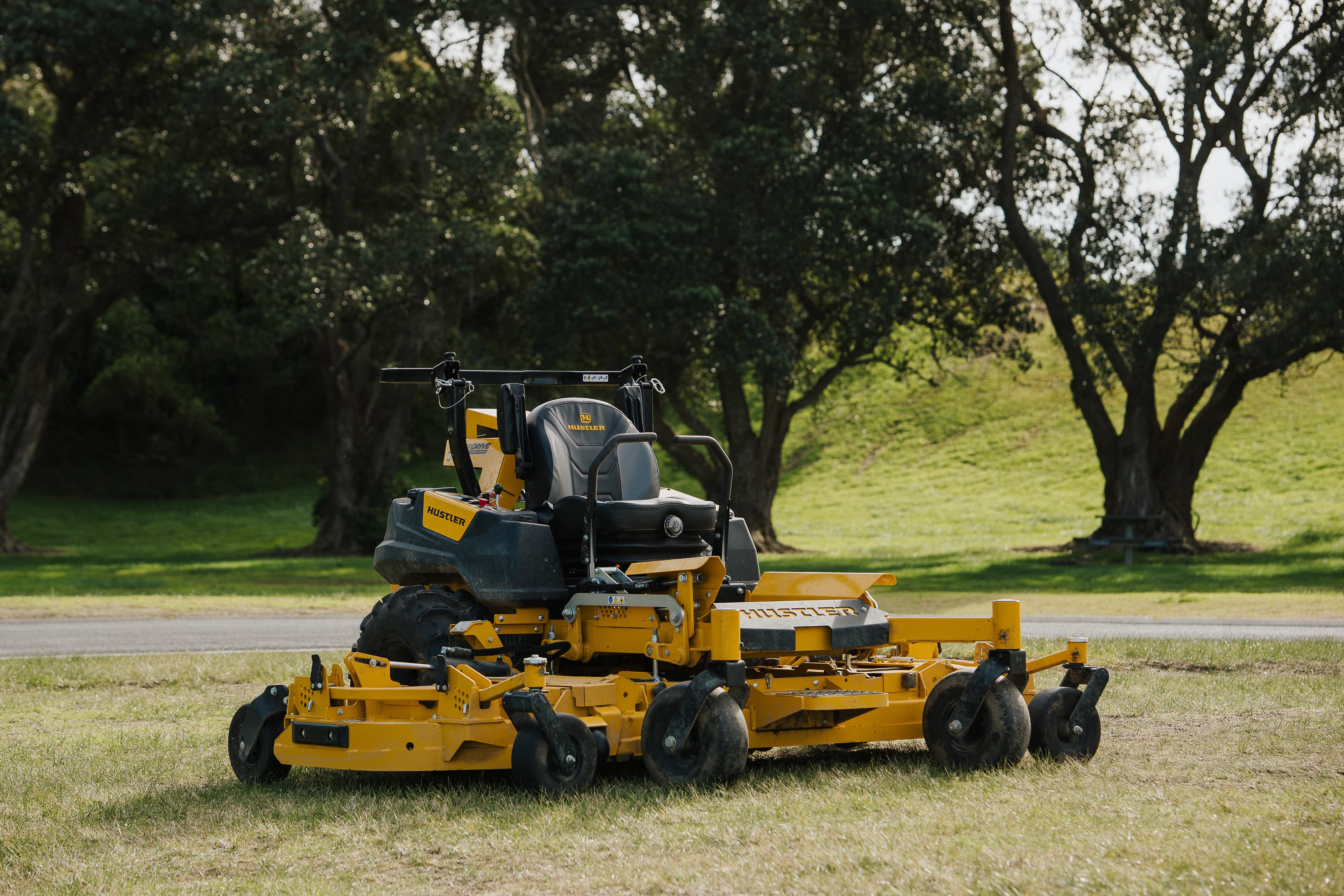 Bea the Hustler ride-on mower, front three-quarter angle